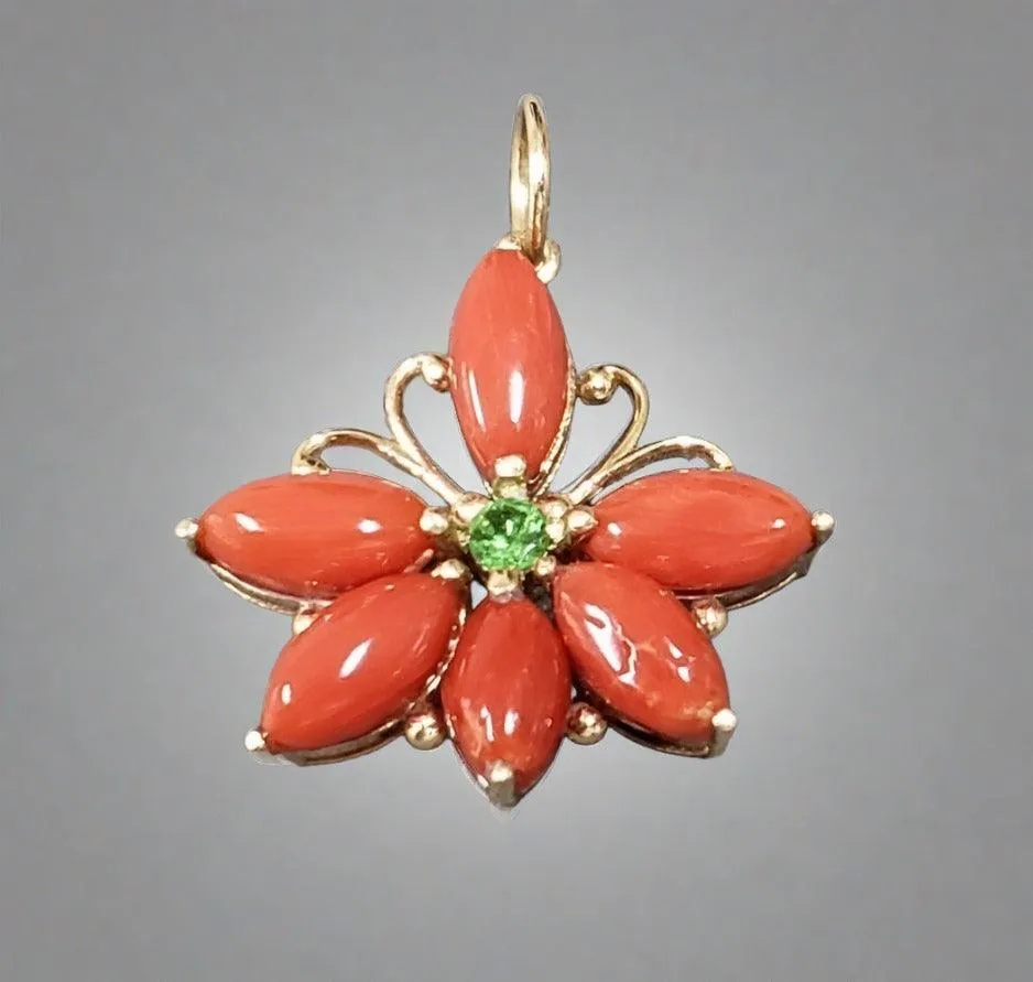 14K Gold Italian Coral & Tsavorite Designer Pendant