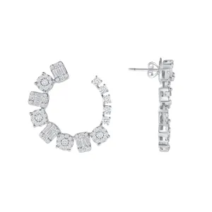 18k White Gold Classy Baguettes and Round Diamond Earrings