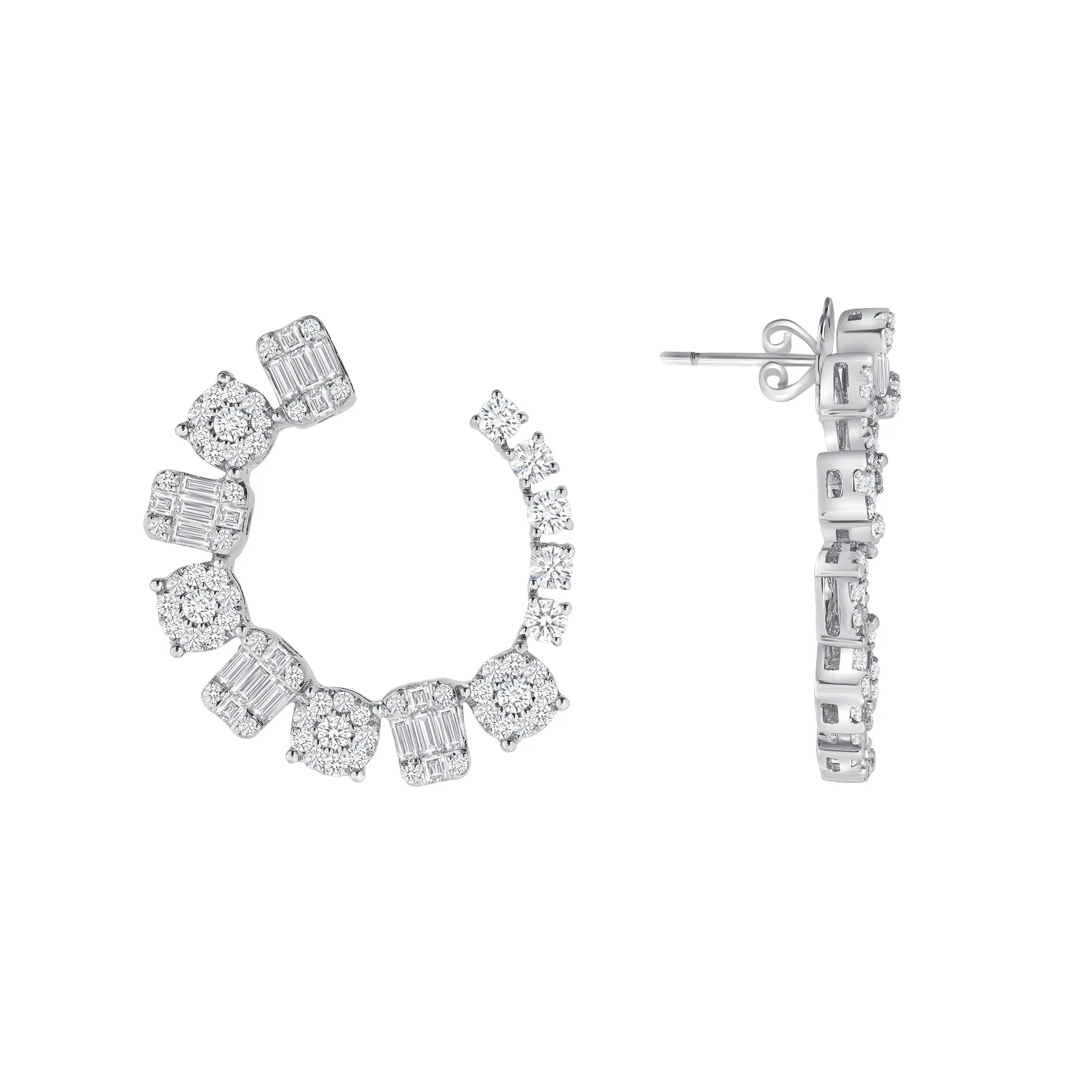 18k White Gold Classy Baguettes and Round Diamond Earrings