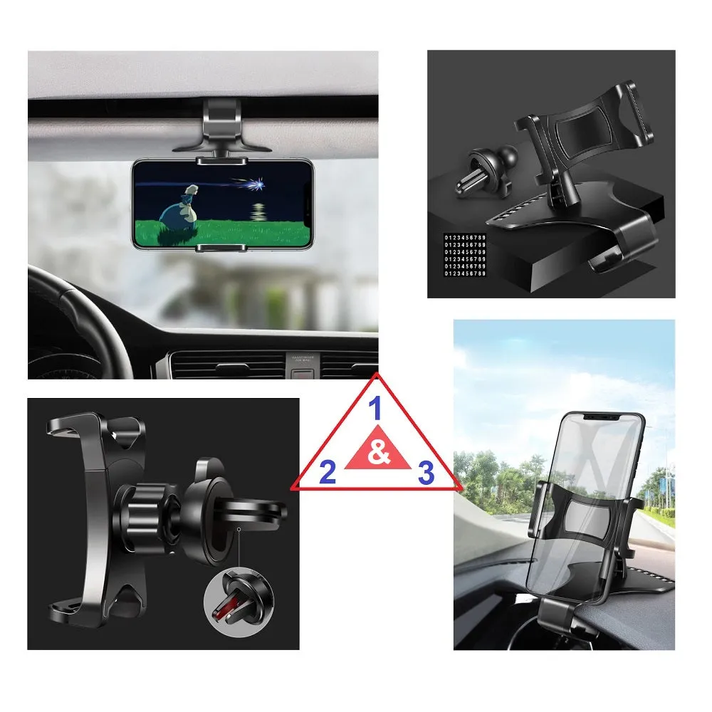 3 in 1 Car GPS Smartphone Holder: Dashboard / Visor Clamp   AC Grid Clip for Gresso Regal Gold - Black
