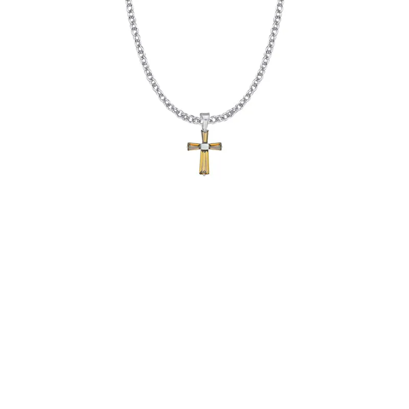5/8 Inch Sterling Silver and Glass Crystal November Birthstone Baguette Cross Necklace