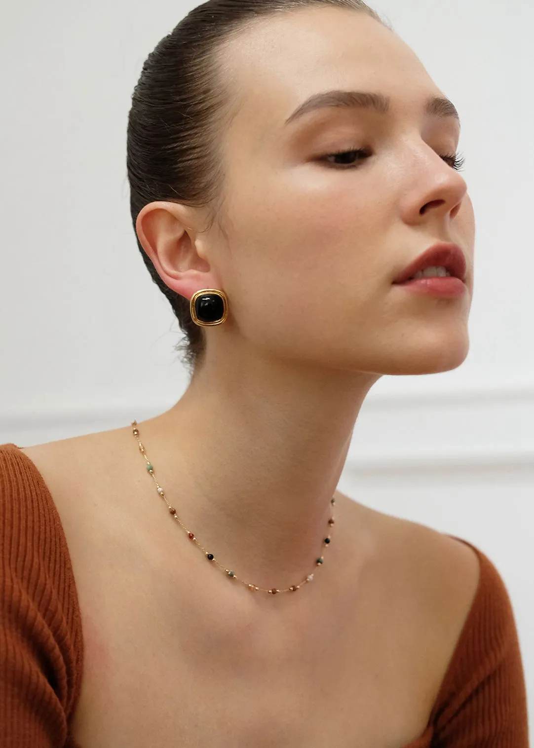 Black Artificial Gemstone 18K Gold Plate Stud Earrings