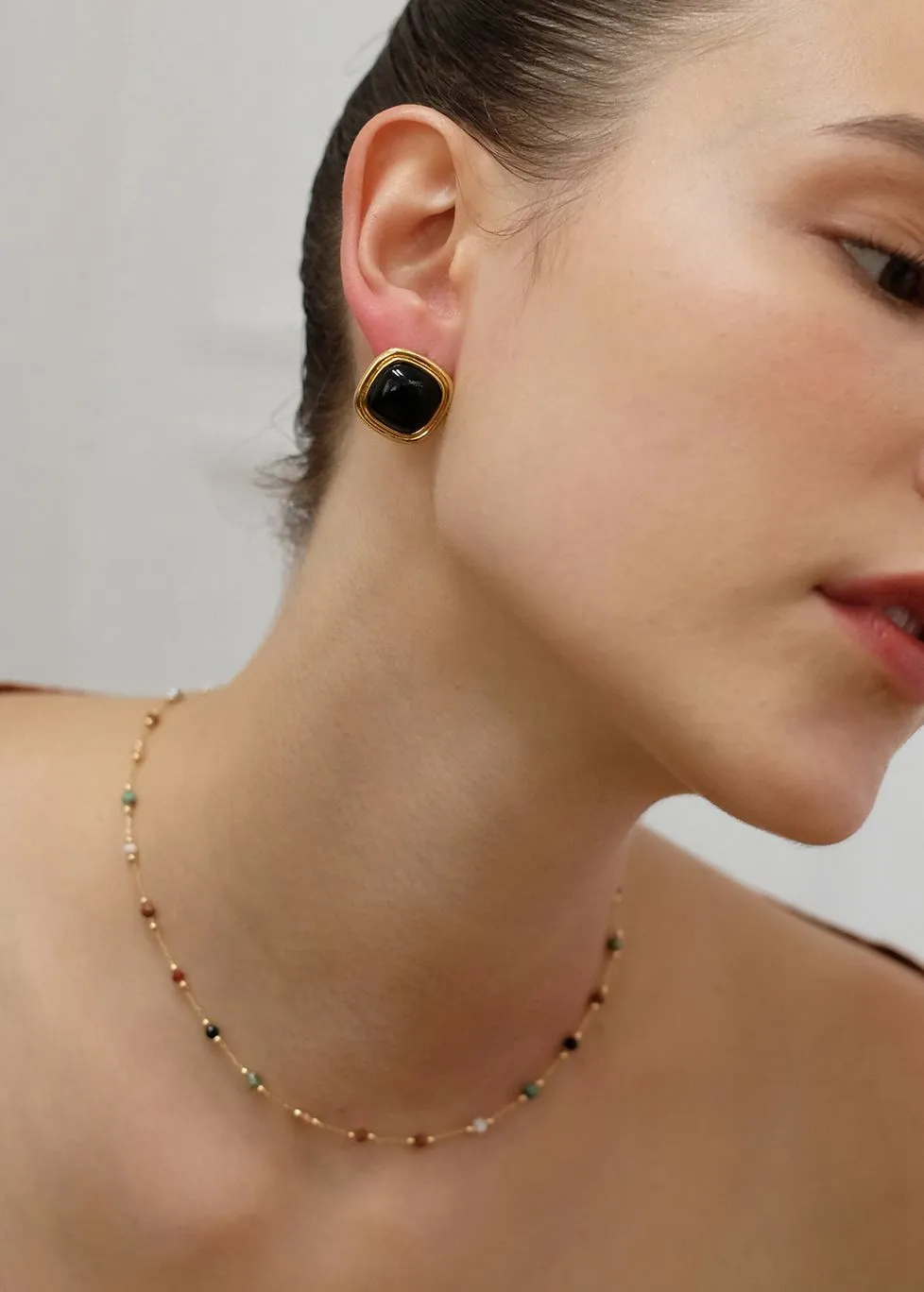 Black Artificial Gemstone 18K Gold Plate Stud Earrings