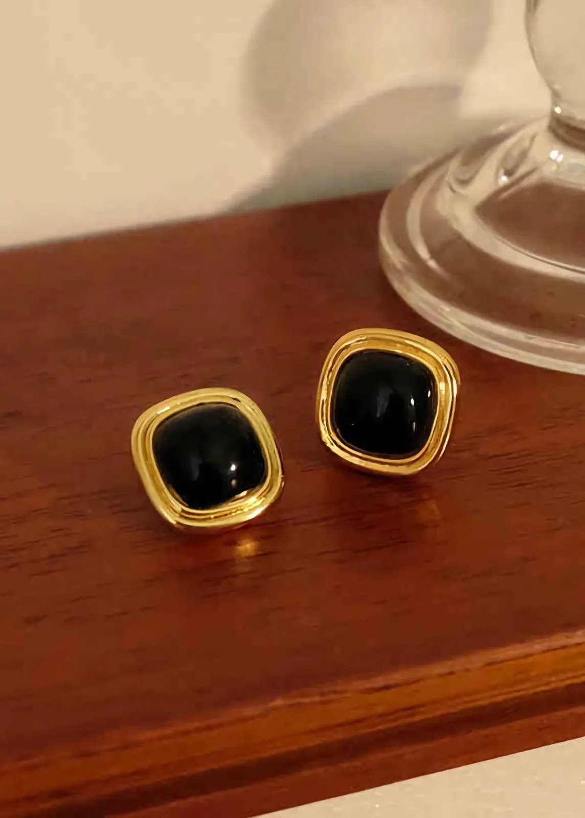 Black Artificial Gemstone 18K Gold Plate Stud Earrings