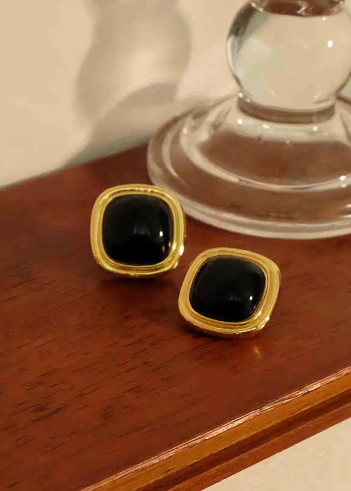 Black Artificial Gemstone 18K Gold Plate Stud Earrings
