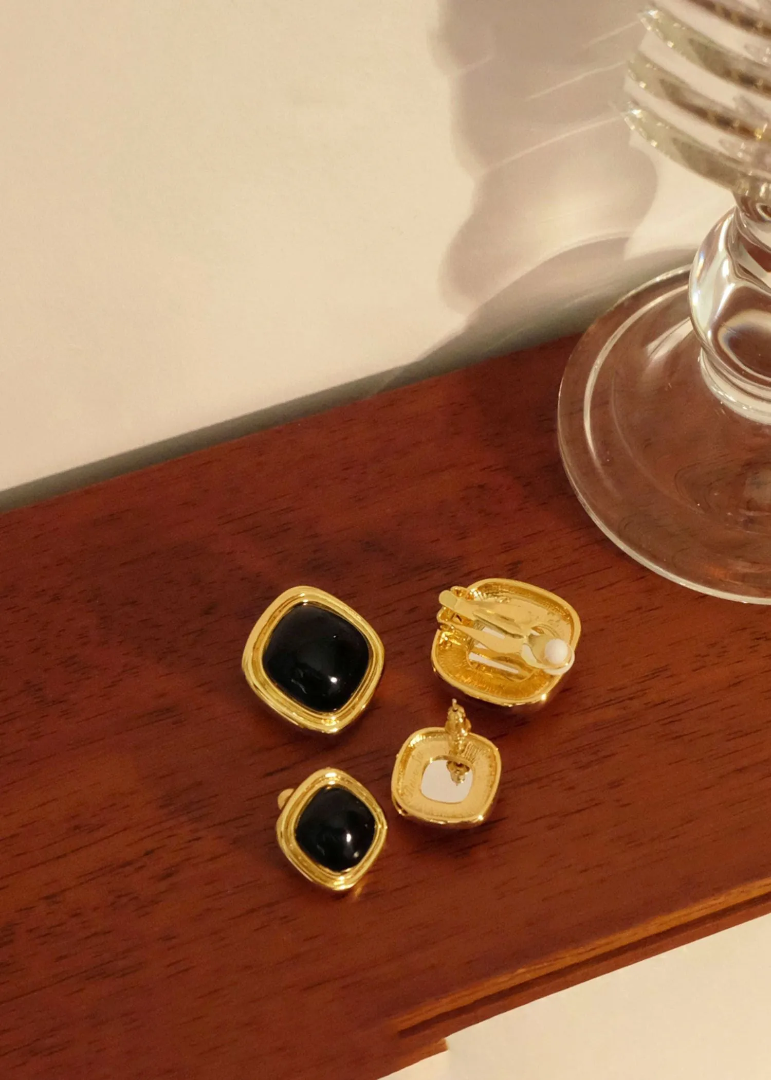 Black Artificial Gemstone 18K Gold Plate Stud Earrings