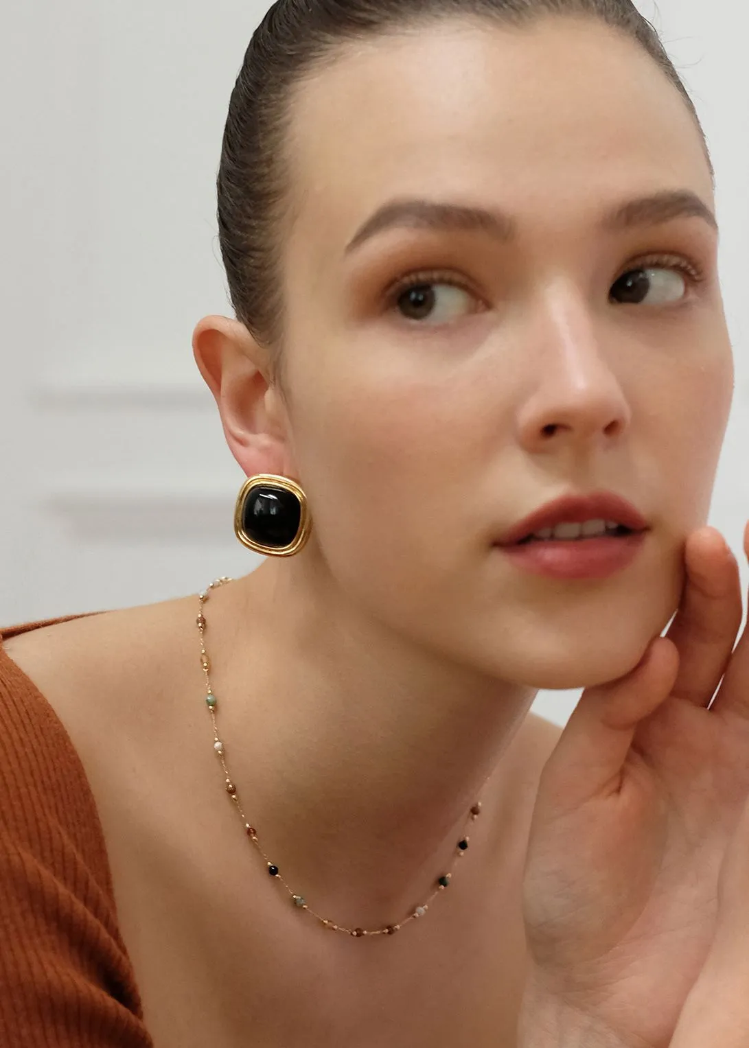 Black Artificial Gemstone 18K Gold Plate Stud Earrings