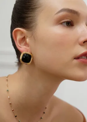 Black Artificial Gemstone 18K Gold Plate Stud Earrings