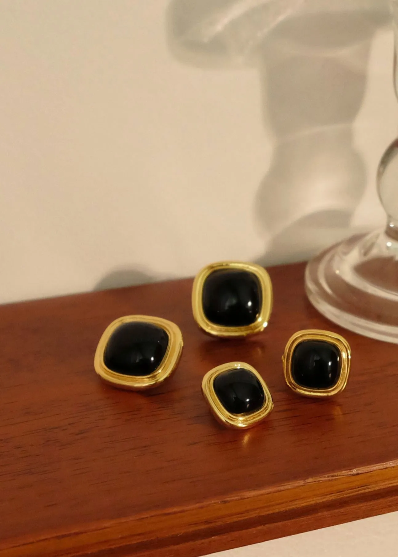 Black Artificial Gemstone 18K Gold Plate Stud Earrings