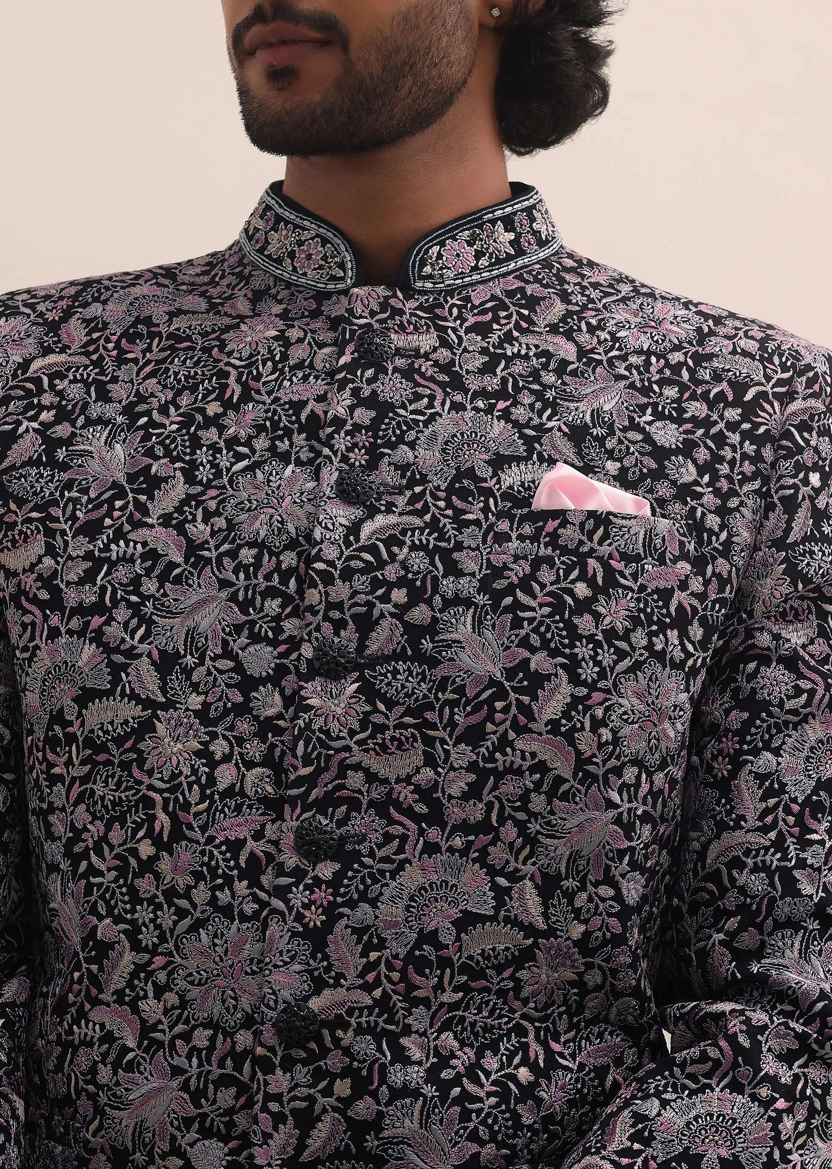 Black Floral Thread Embroidered Jodhpuri Suit For Men