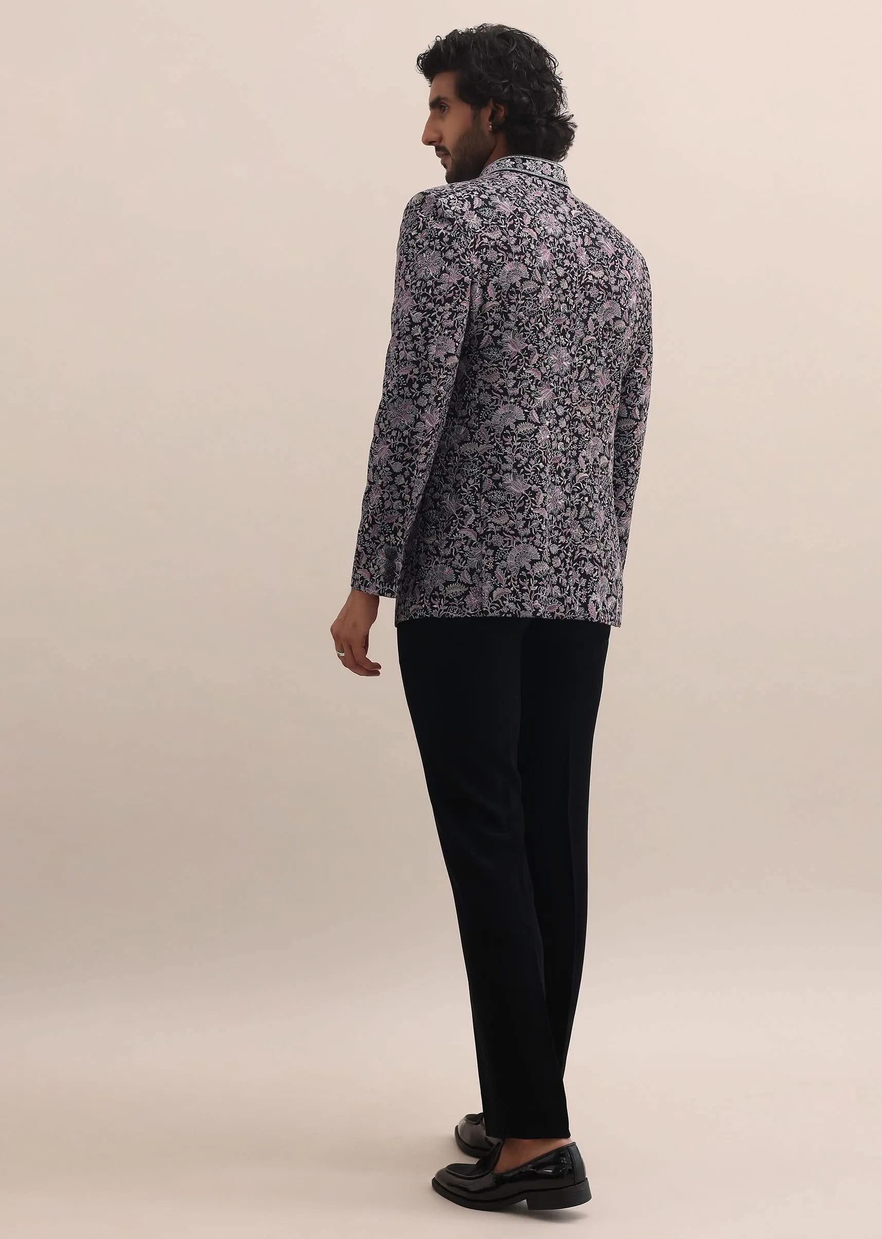 Black Floral Thread Embroidered Jodhpuri Suit For Men