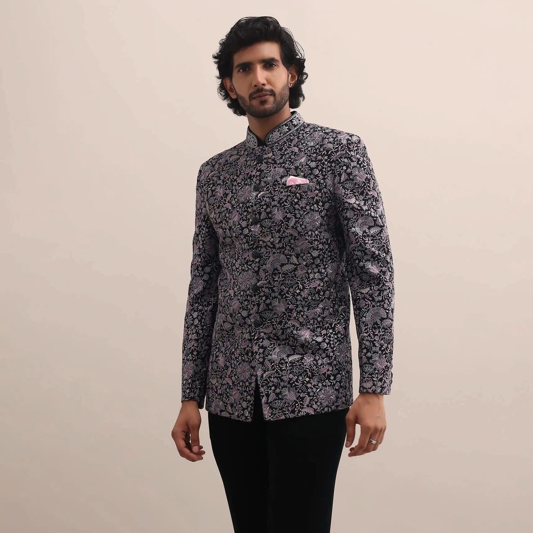 Black Floral Thread Embroidered Jodhpuri Suit For Men