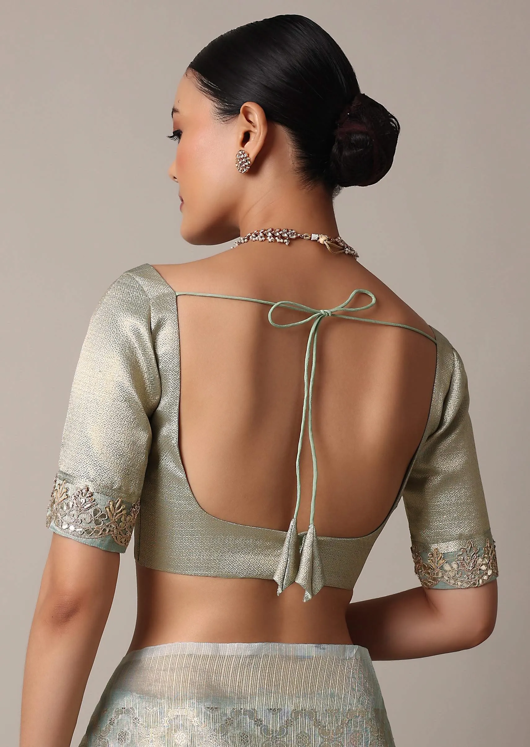 Blue Gota Patti Saree In Chanderi Silk With Diagonal Zari Weave And Unstitched Blouse Piece