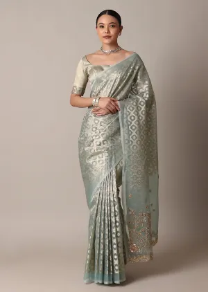 Blue Gota Patti Saree In Chanderi Silk With Diagonal Zari Weave And Unstitched Blouse Piece