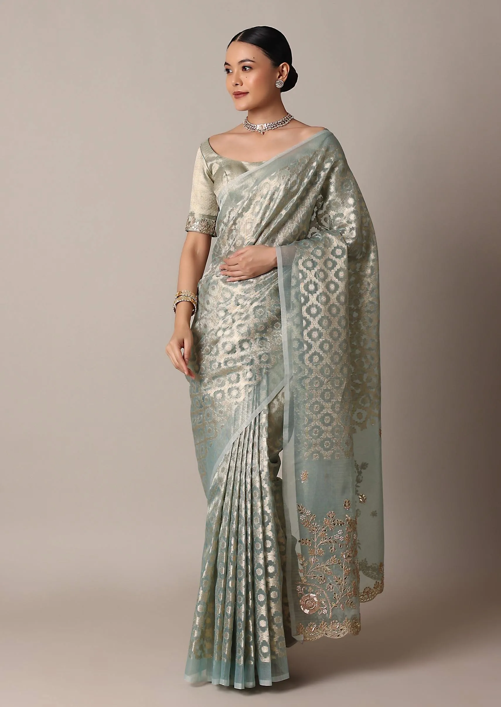 Blue Gota Patti Saree In Chanderi Silk With Diagonal Zari Weave And Unstitched Blouse Piece