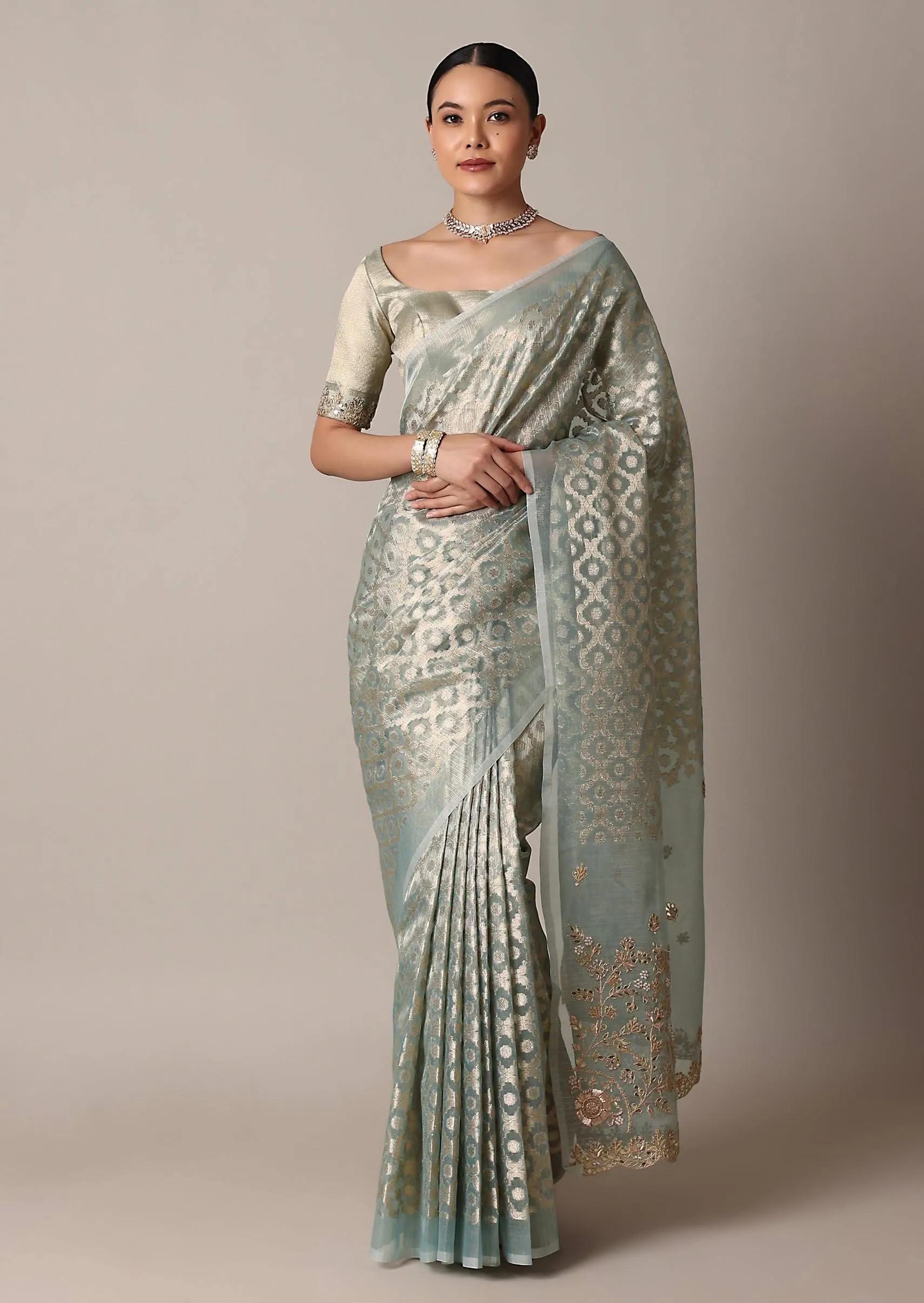 Blue Gota Patti Saree In Chanderi Silk With Diagonal Zari Weave And Unstitched Blouse Piece