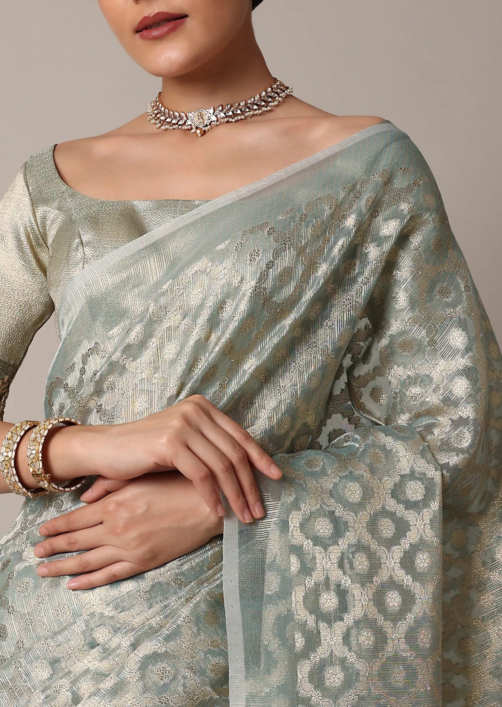 Blue Gota Patti Saree In Chanderi Silk With Diagonal Zari Weave And Unstitched Blouse Piece