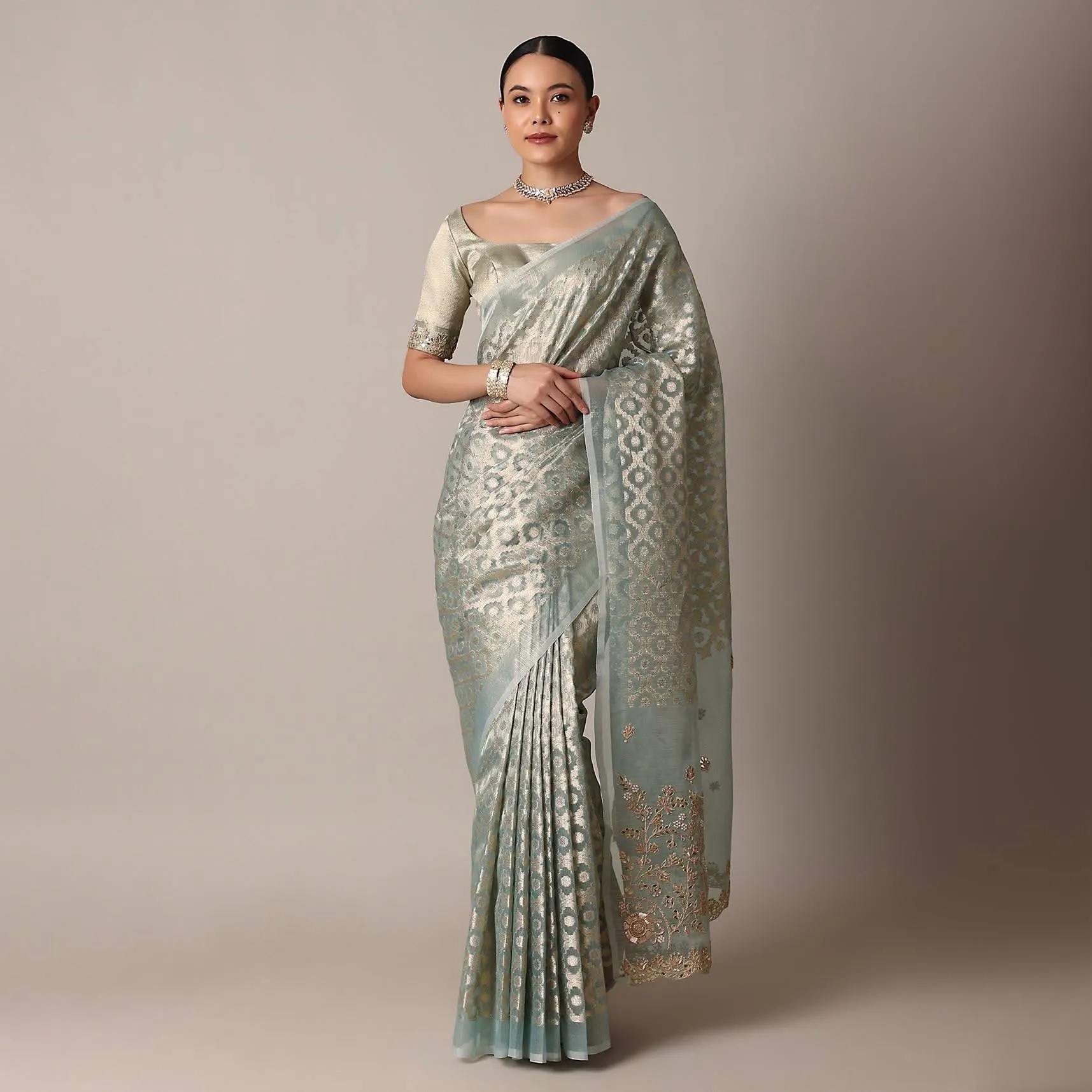 Blue Gota Patti Saree In Chanderi Silk With Diagonal Zari Weave And Unstitched Blouse Piece