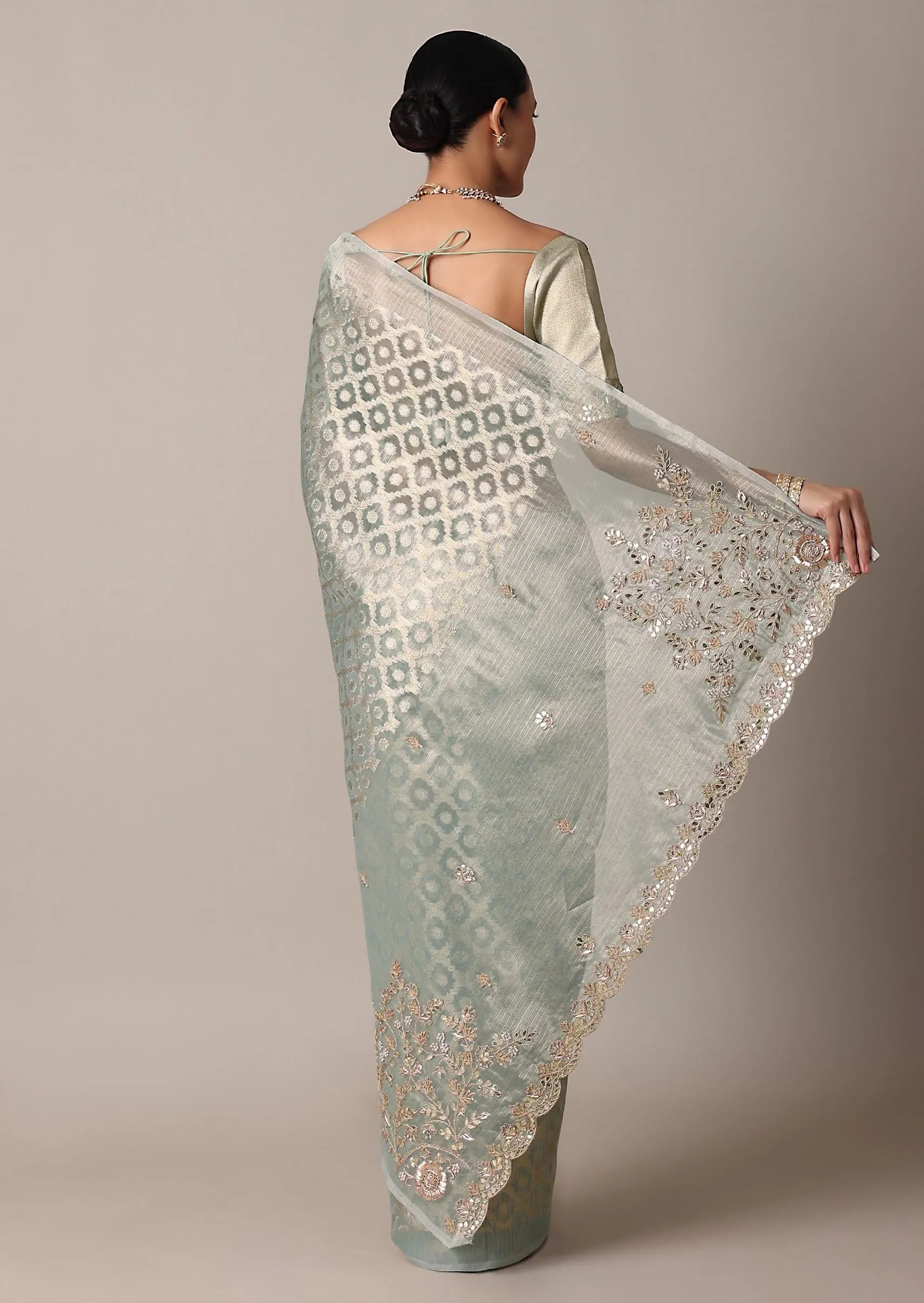 Blue Gota Patti Saree In Chanderi Silk With Diagonal Zari Weave And Unstitched Blouse Piece