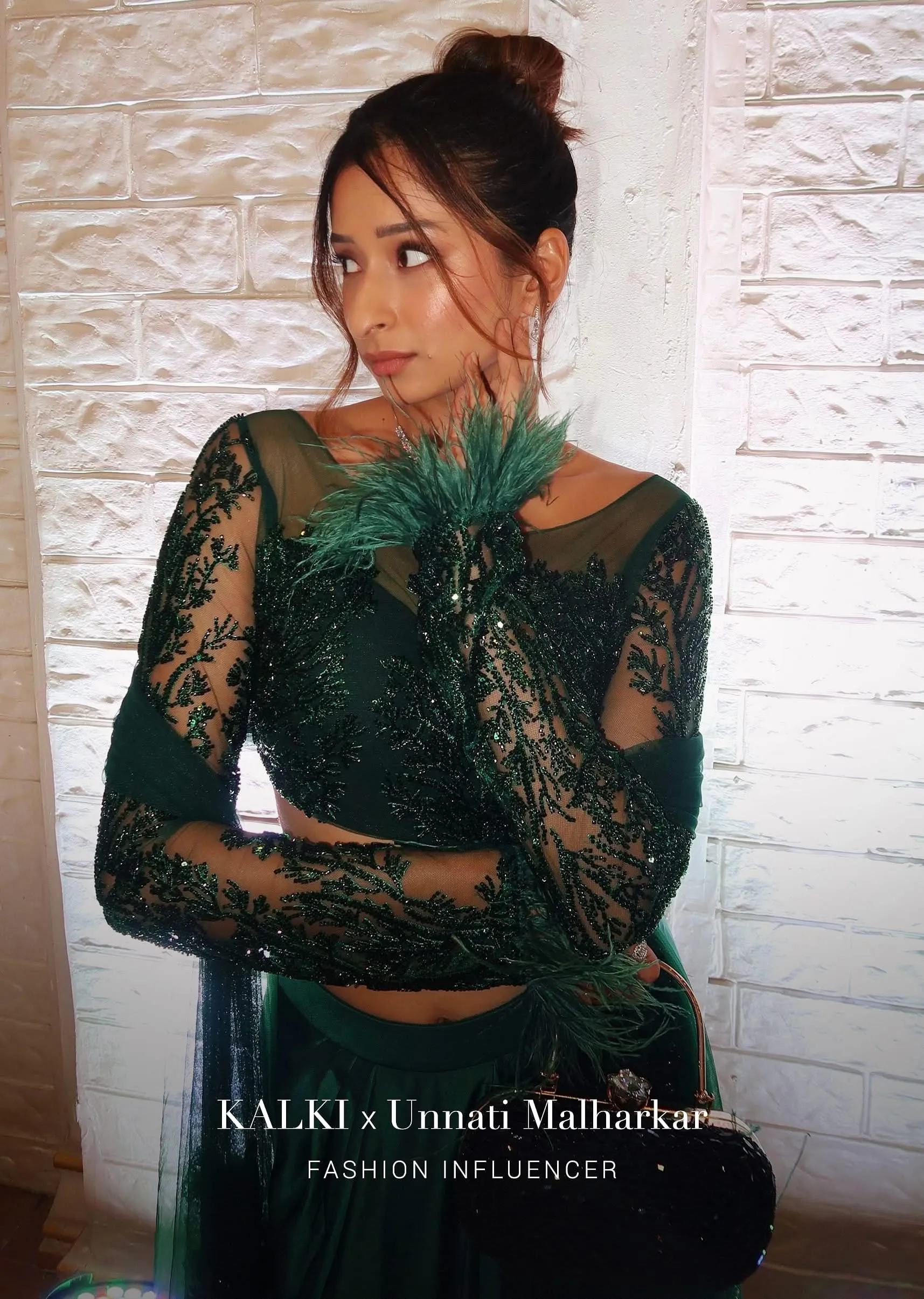 Bottle Green Feather Blouse With Draped Skirt And Dupatta