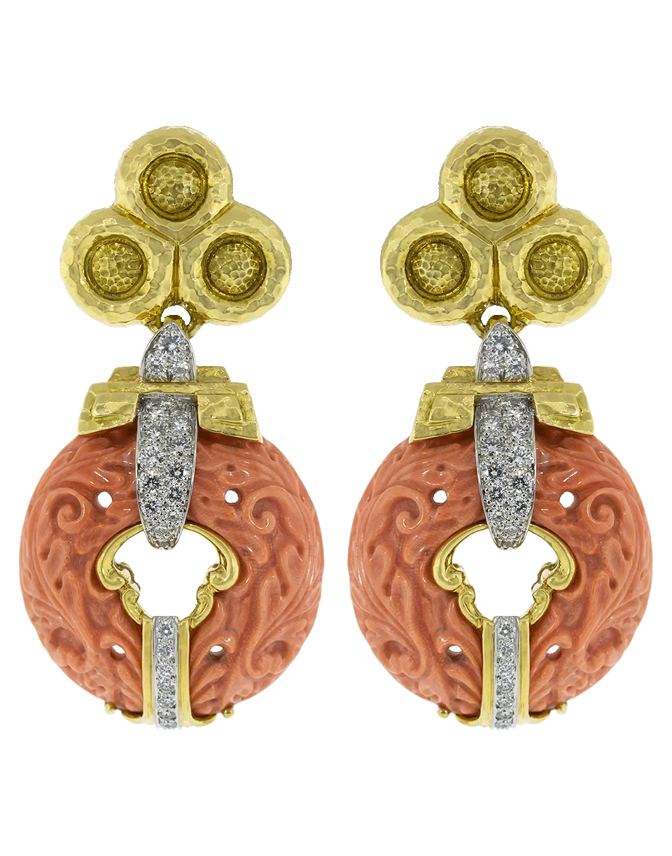 Carved Coral and Diamond Earrings