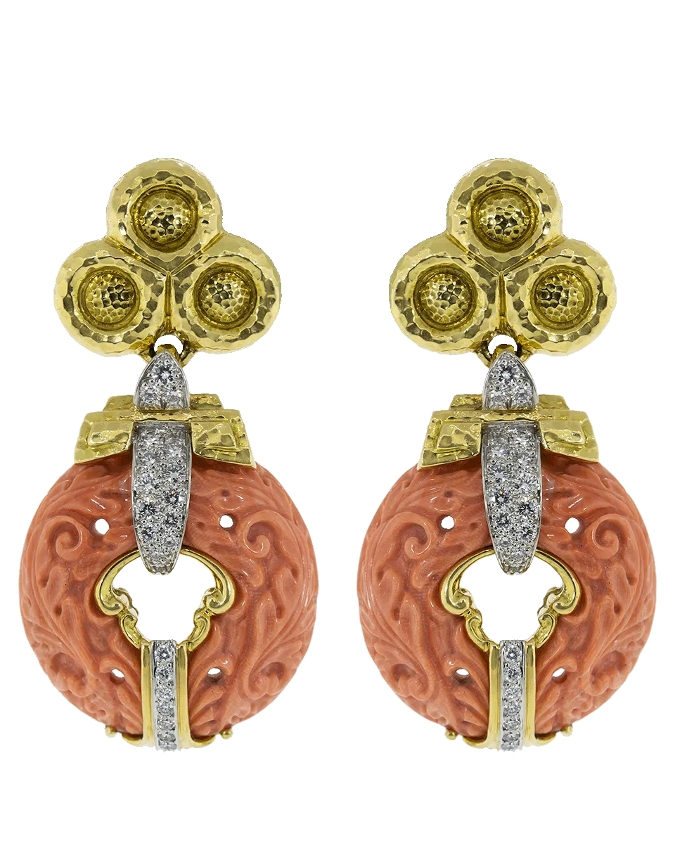 Carved Coral and Diamond Earrings