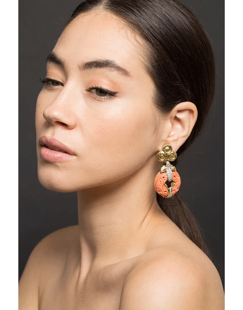 Carved Coral and Diamond Earrings
