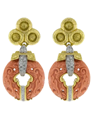Carved Coral and Diamond Earrings