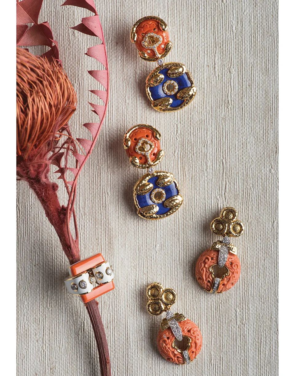 Carved Coral and Diamond Earrings