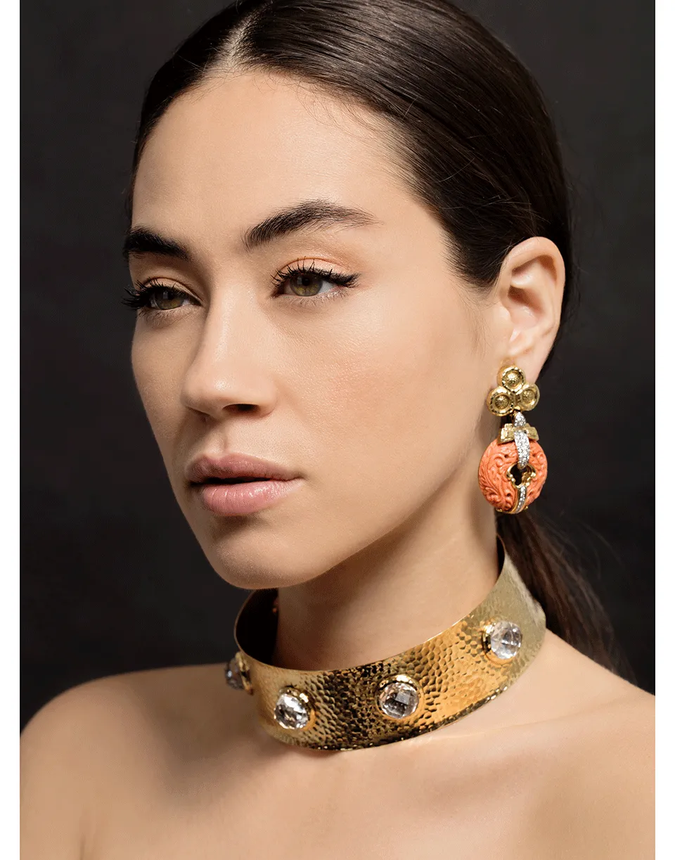 Carved Coral and Diamond Earrings