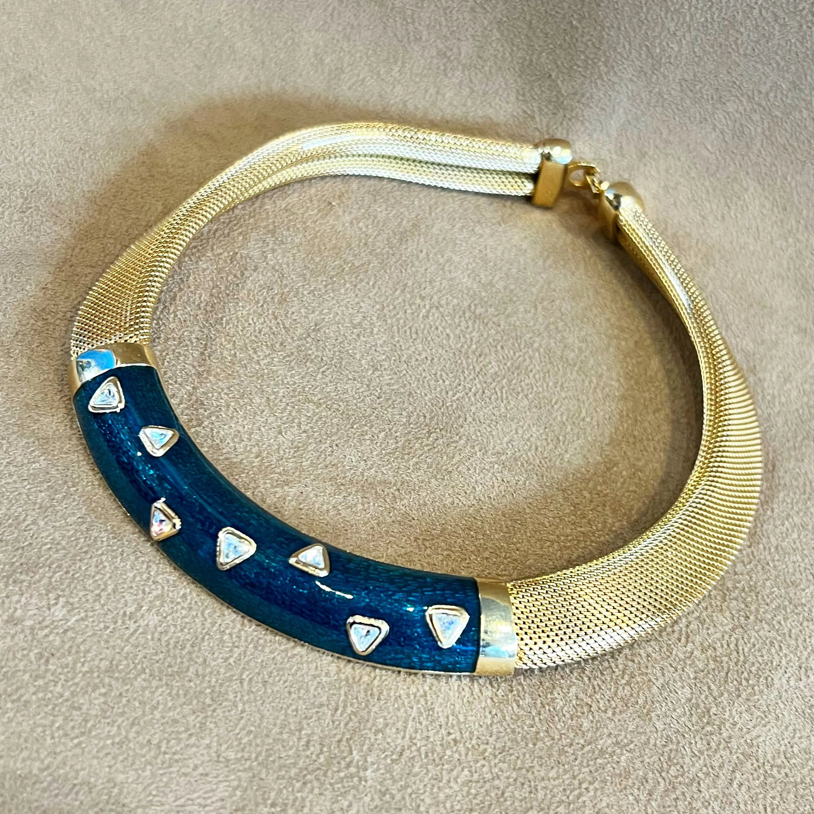 Christian Dior Vintage Green Enamel Gold Plated Crystal Necklace