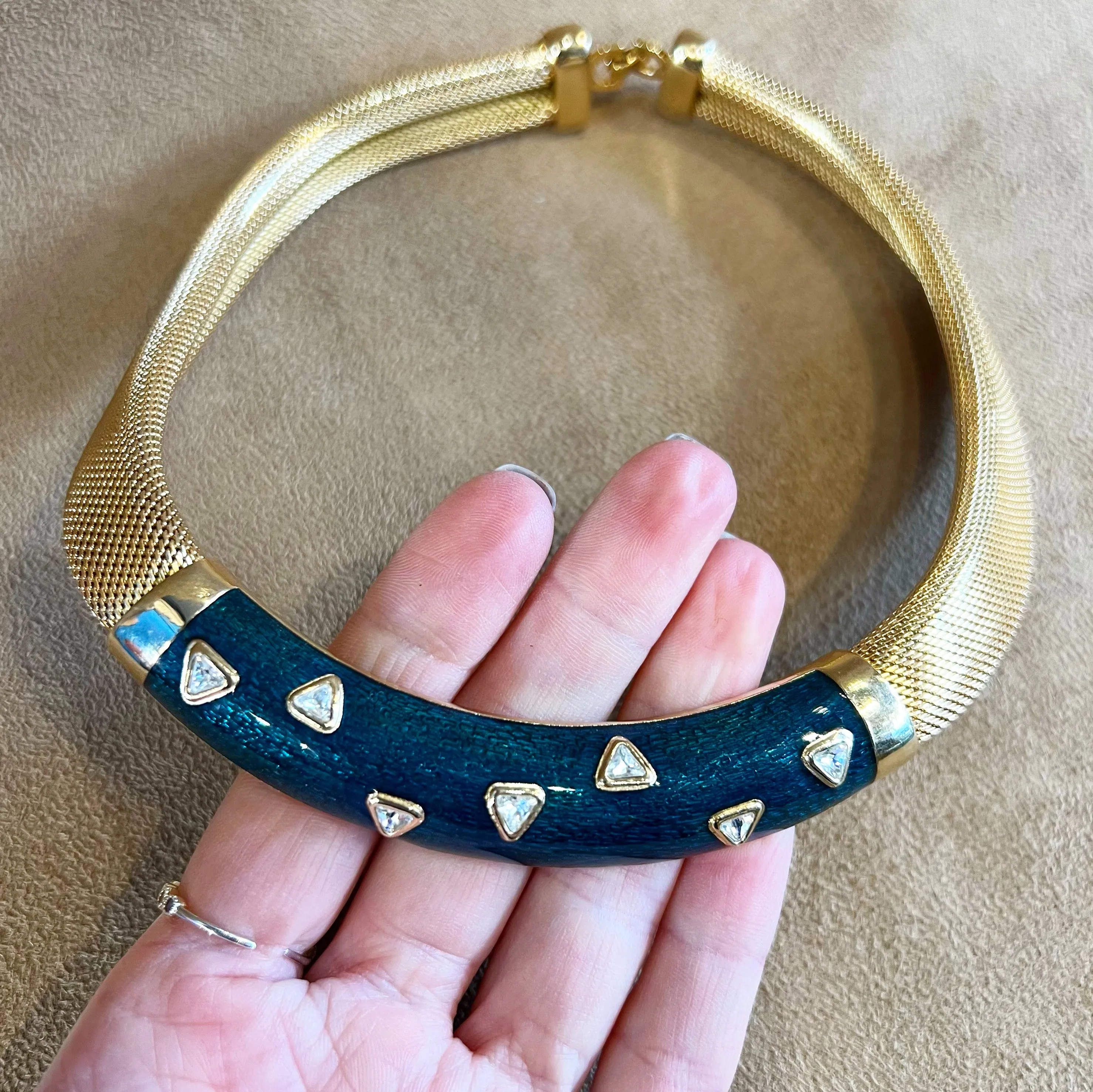 Christian Dior Vintage Green Enamel Gold Plated Crystal Necklace