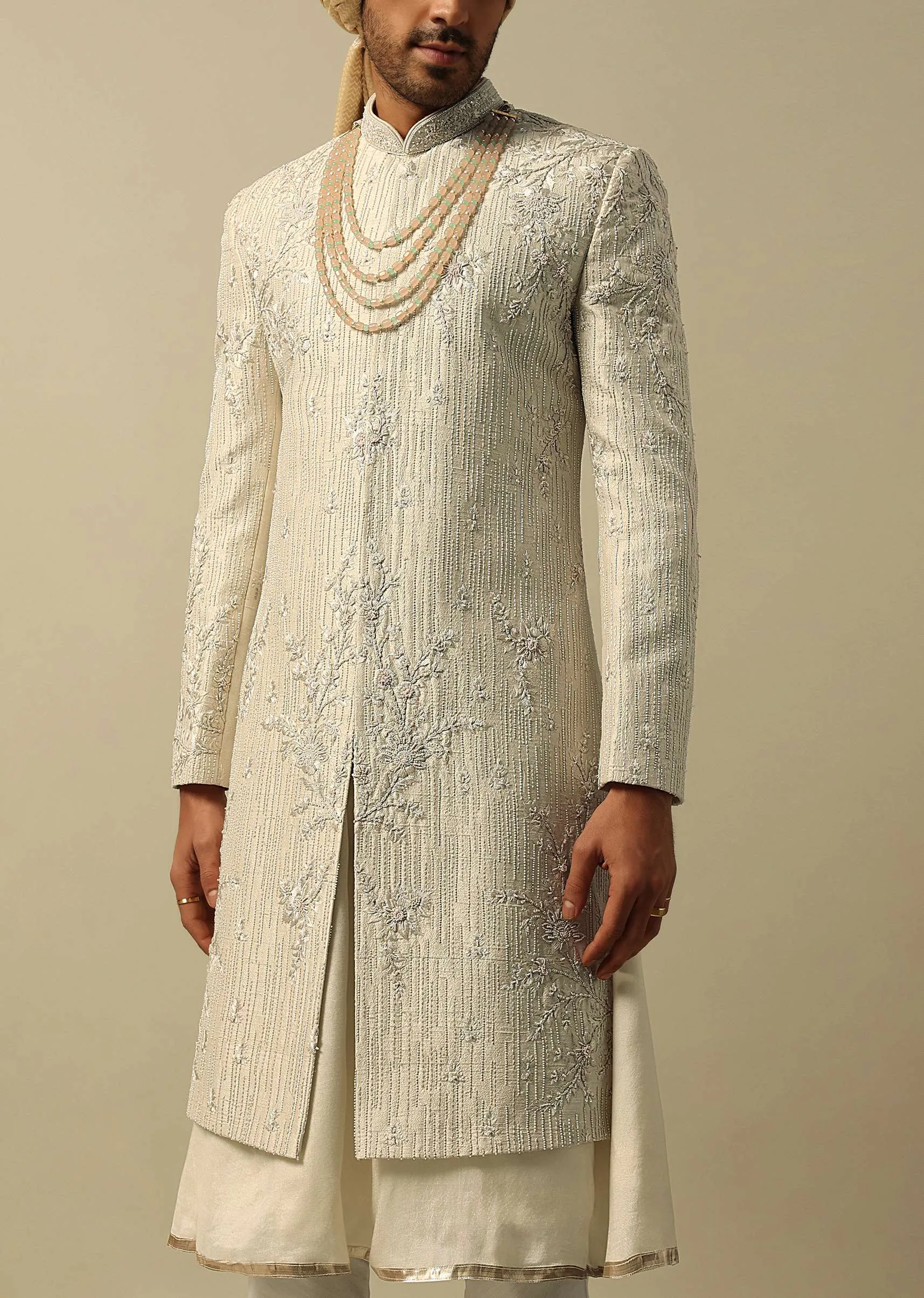Classic White Raw Silk Sherwani