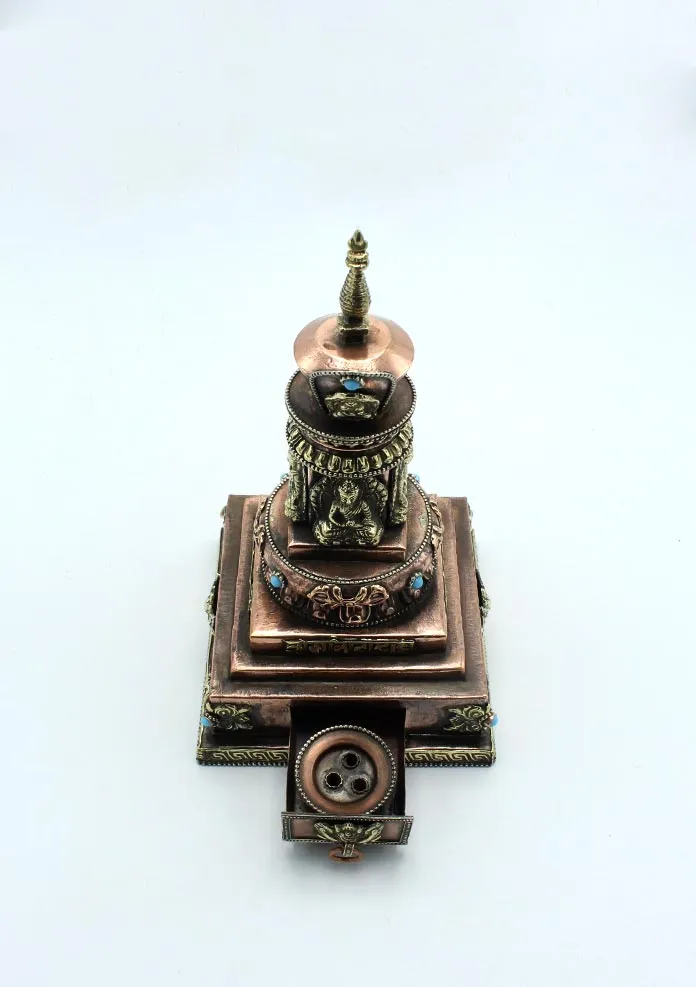 Copper Dhyani Buddhas Stupa Chorten with Incense Burner 9" High