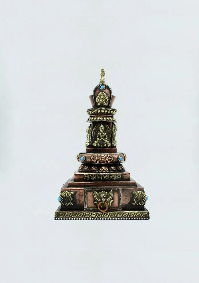Copper Dhyani Buddhas Stupa Chorten with Incense Burner 9" High