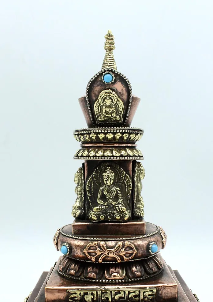 Copper Dhyani Buddhas Stupa Chorten with Incense Burner 9" High