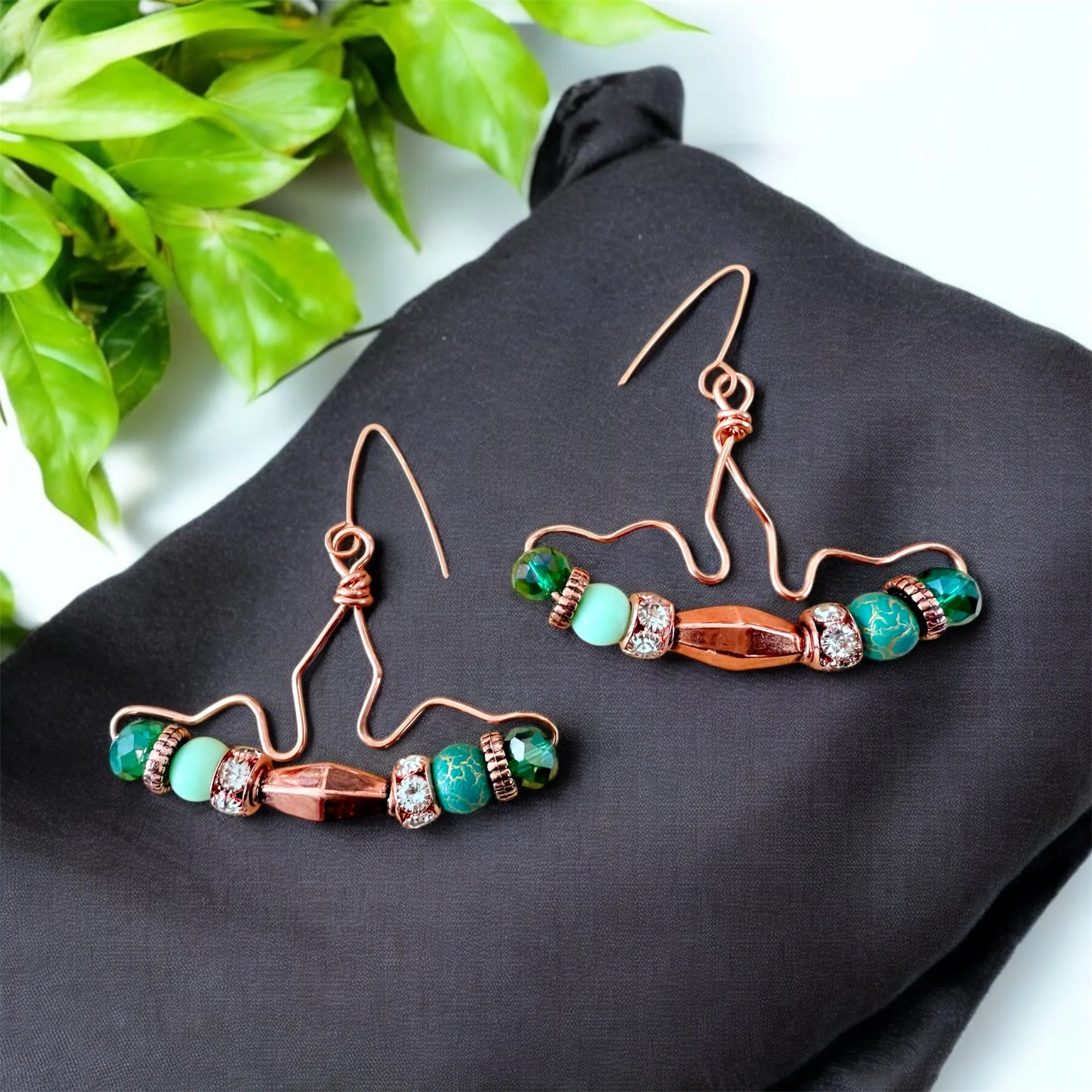 Copper Wire Crown Shaped Beaded Earrings