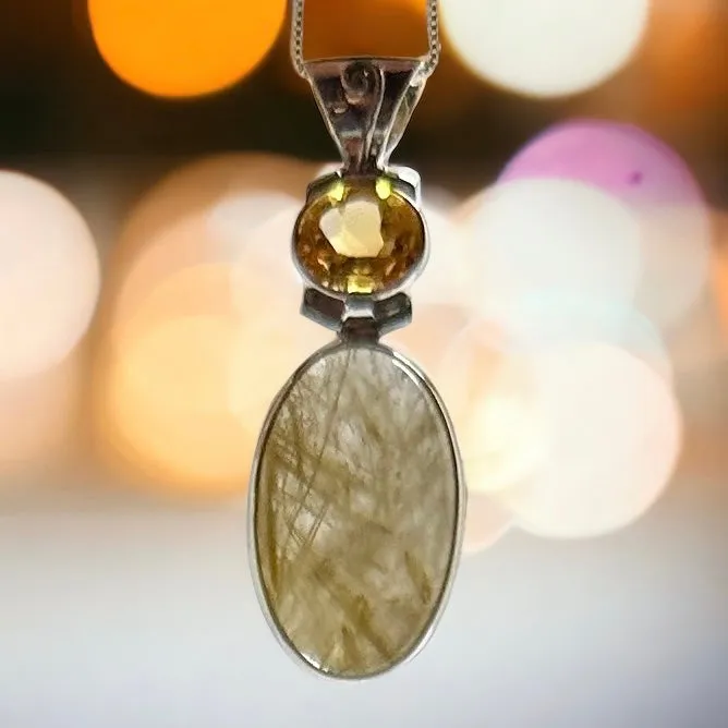 Faceted Citrine and Golden Rutilated Quartz Double Pendant