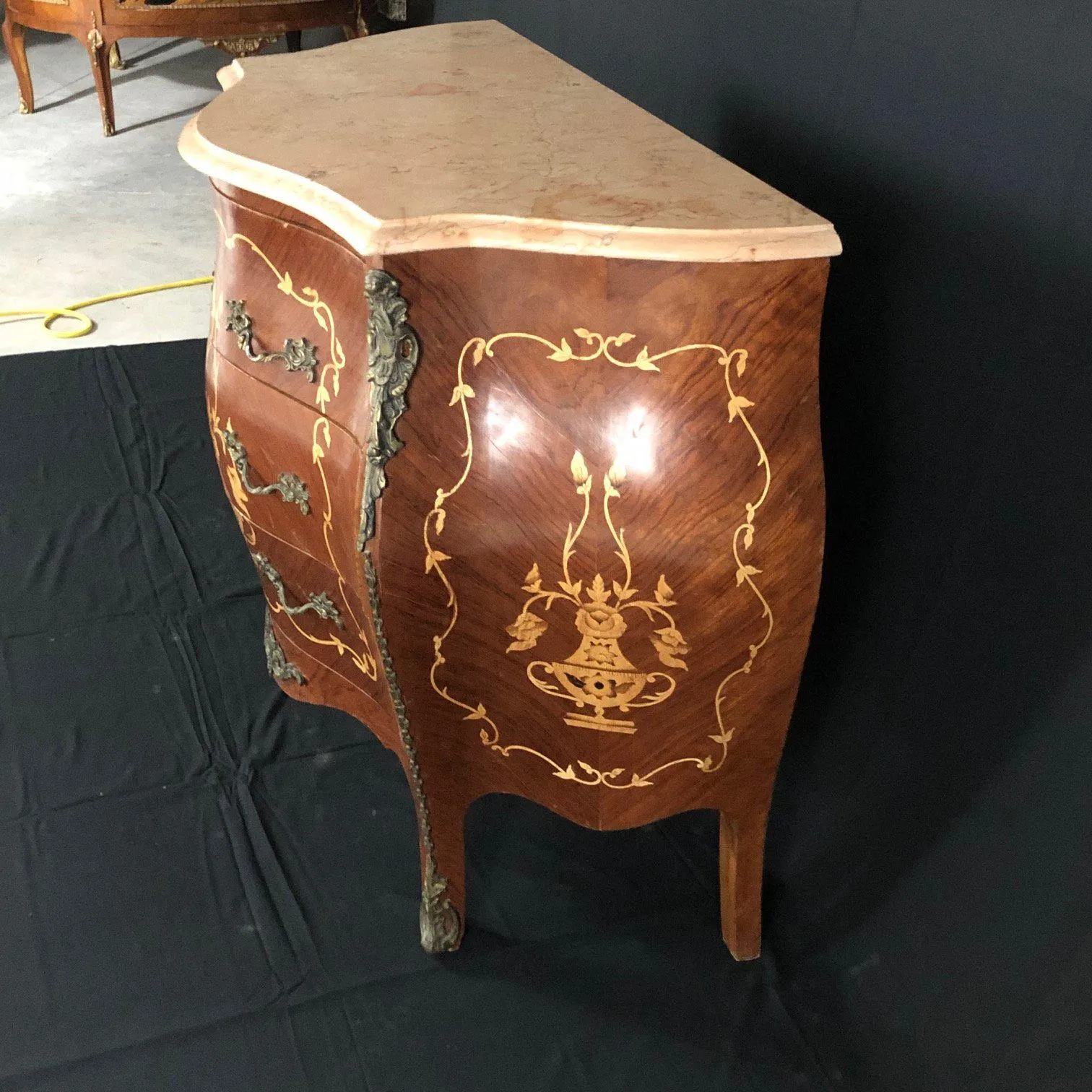 French Louis XV Style Side Table or Nightstand with Detailed Inlay and Cream Marble Top