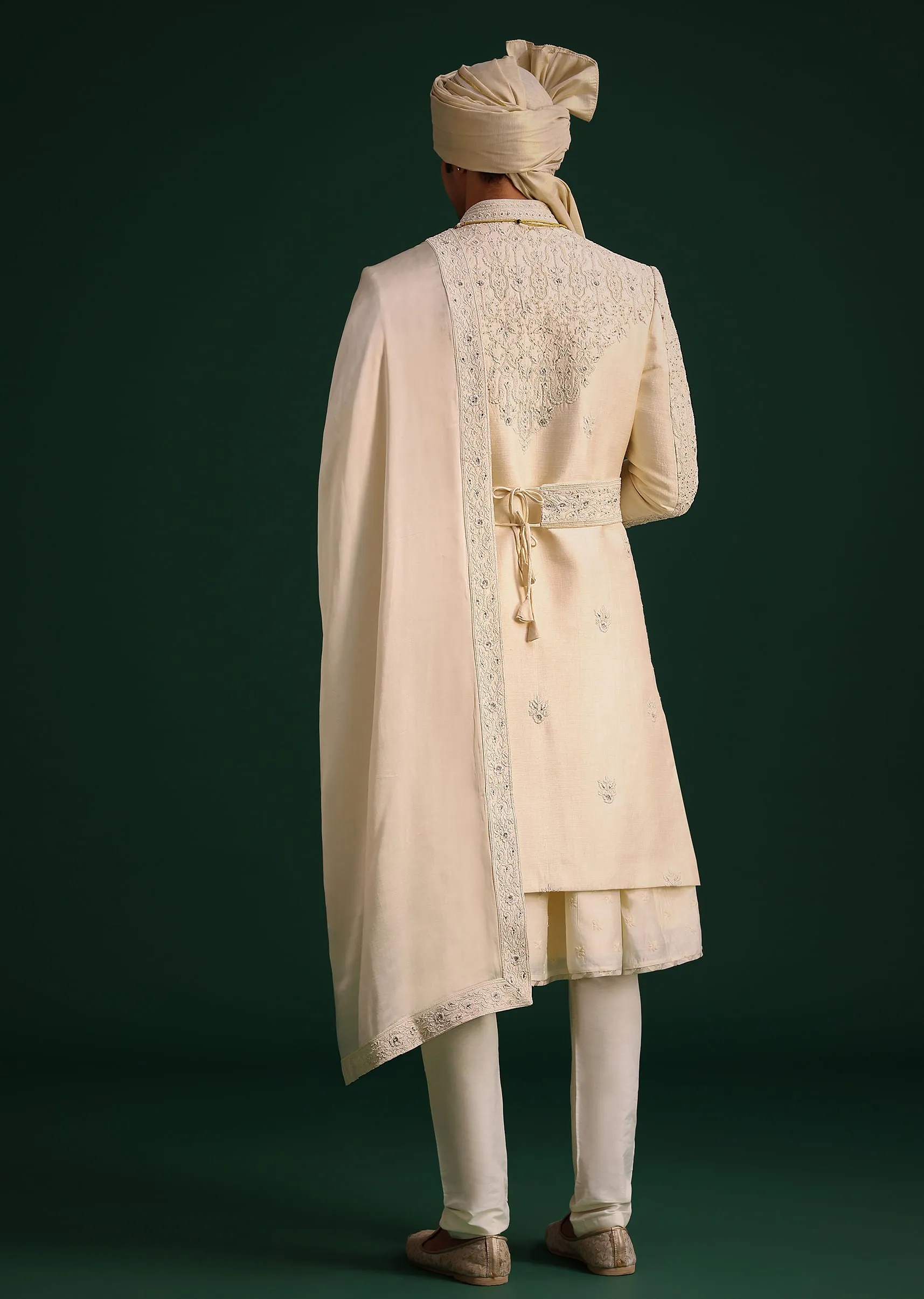 Light Gold Silk Sherwani Set With Kamarbandh And Mala