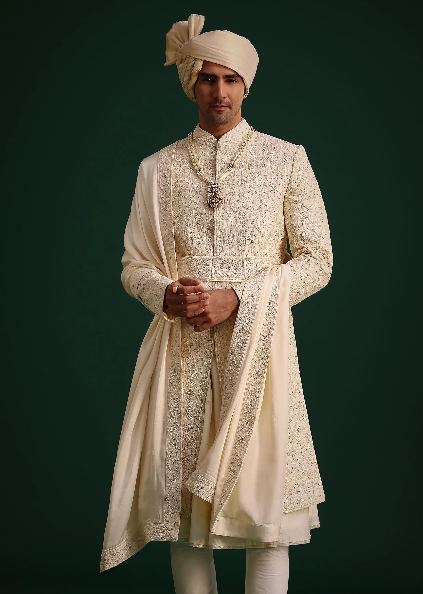 Light Gold Silk Sherwani Set With Kamarbandh And Mala