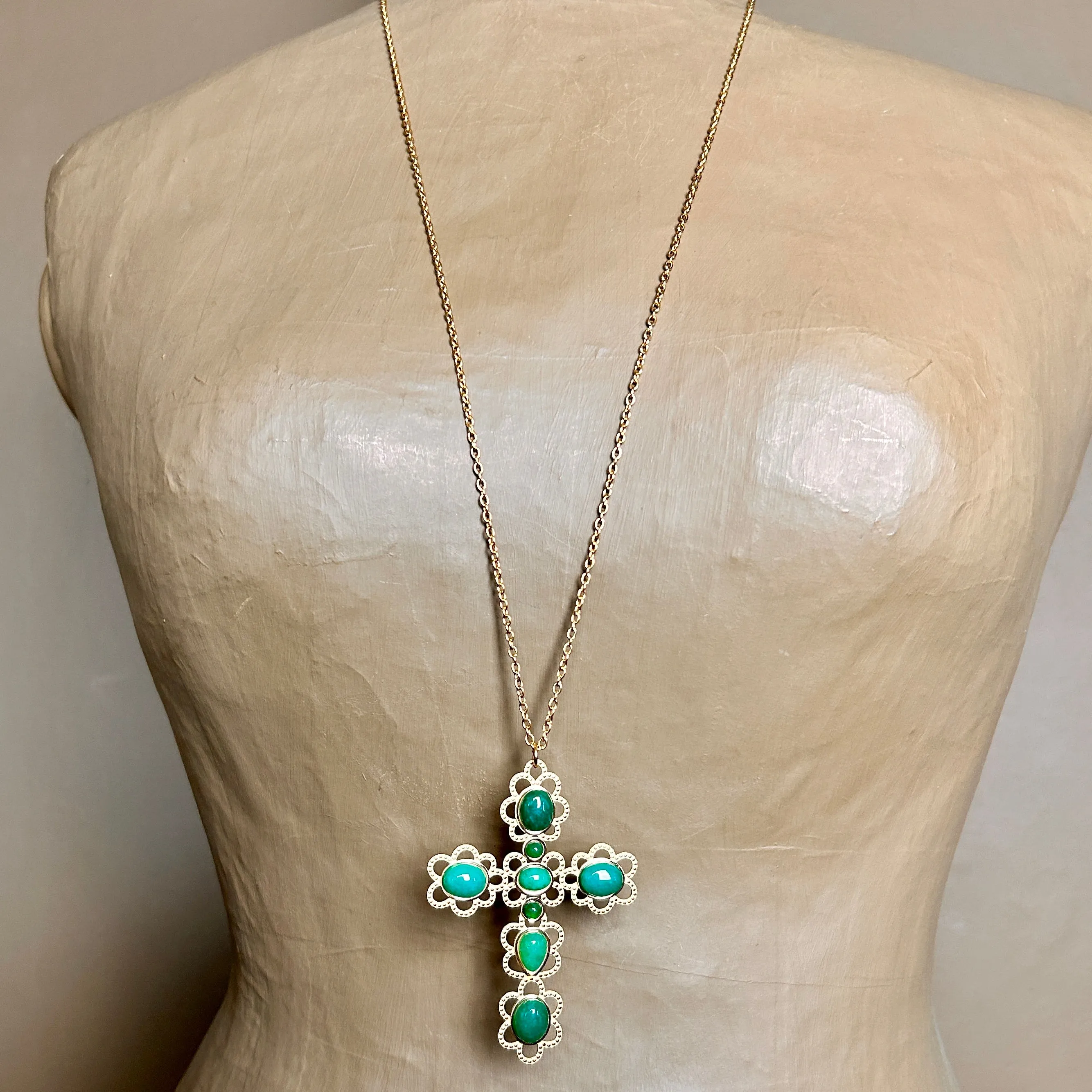 'Maria' long chain necklace with jewelled cross pendant