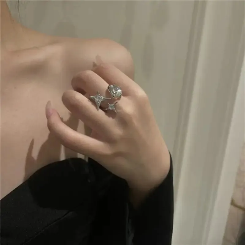 Moonlight Stone Inlaid Ring Light Luxury Small Unique Simple Shiny Opening Ring Women's Trendy Finger Party Jewelry Gift