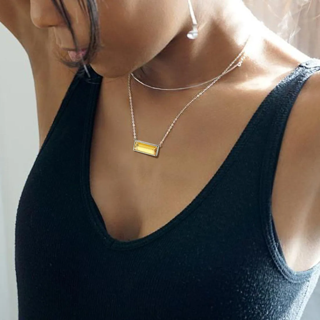 Tokyo Mart Bar Birthstone November Citrine Necklace Women Girls Jewelry Birthday Gift Sterling Silver