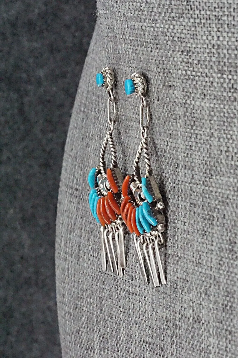 Turquoise, Coral & Sterling Silver Earrings - Edmund Cooeyate
