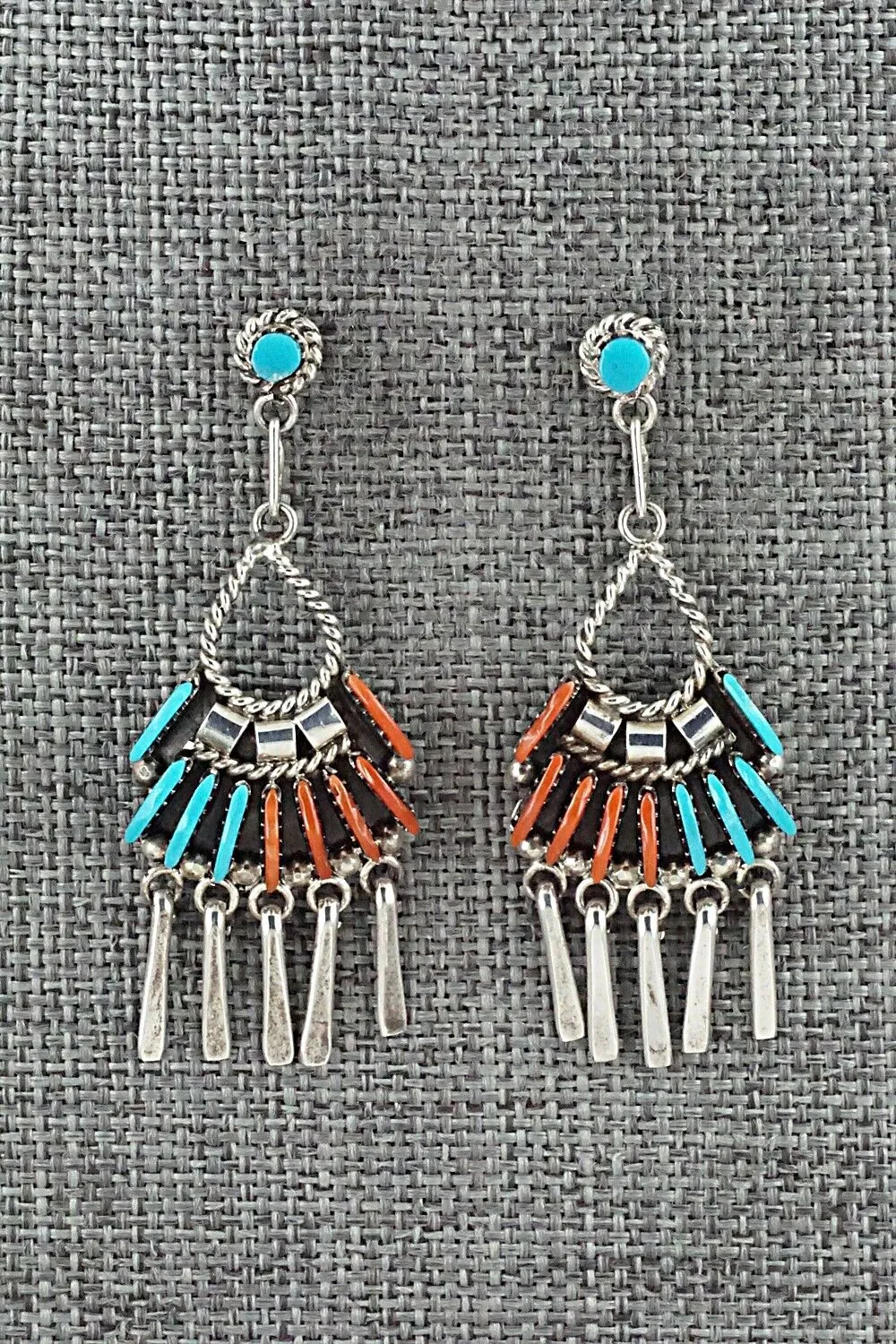 Turquoise, Coral & Sterling Silver Earrings - Edmund Cooeyate
