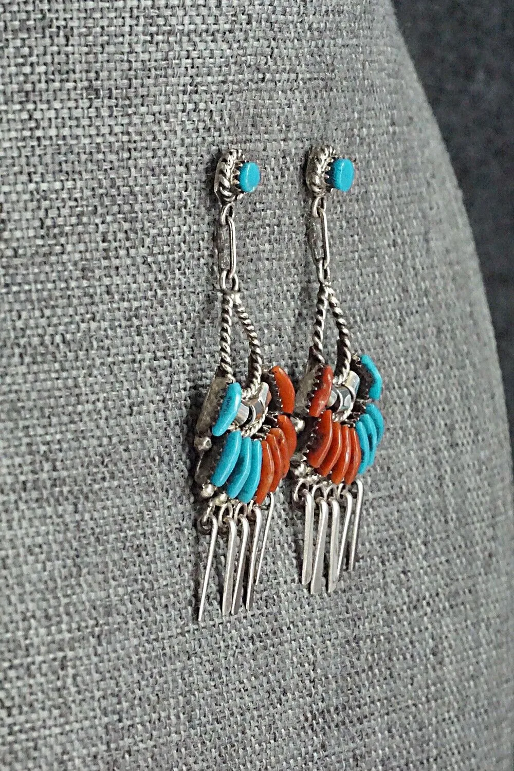 Turquoise, Coral & Sterling Silver Earrings - Edmund Cooeyate