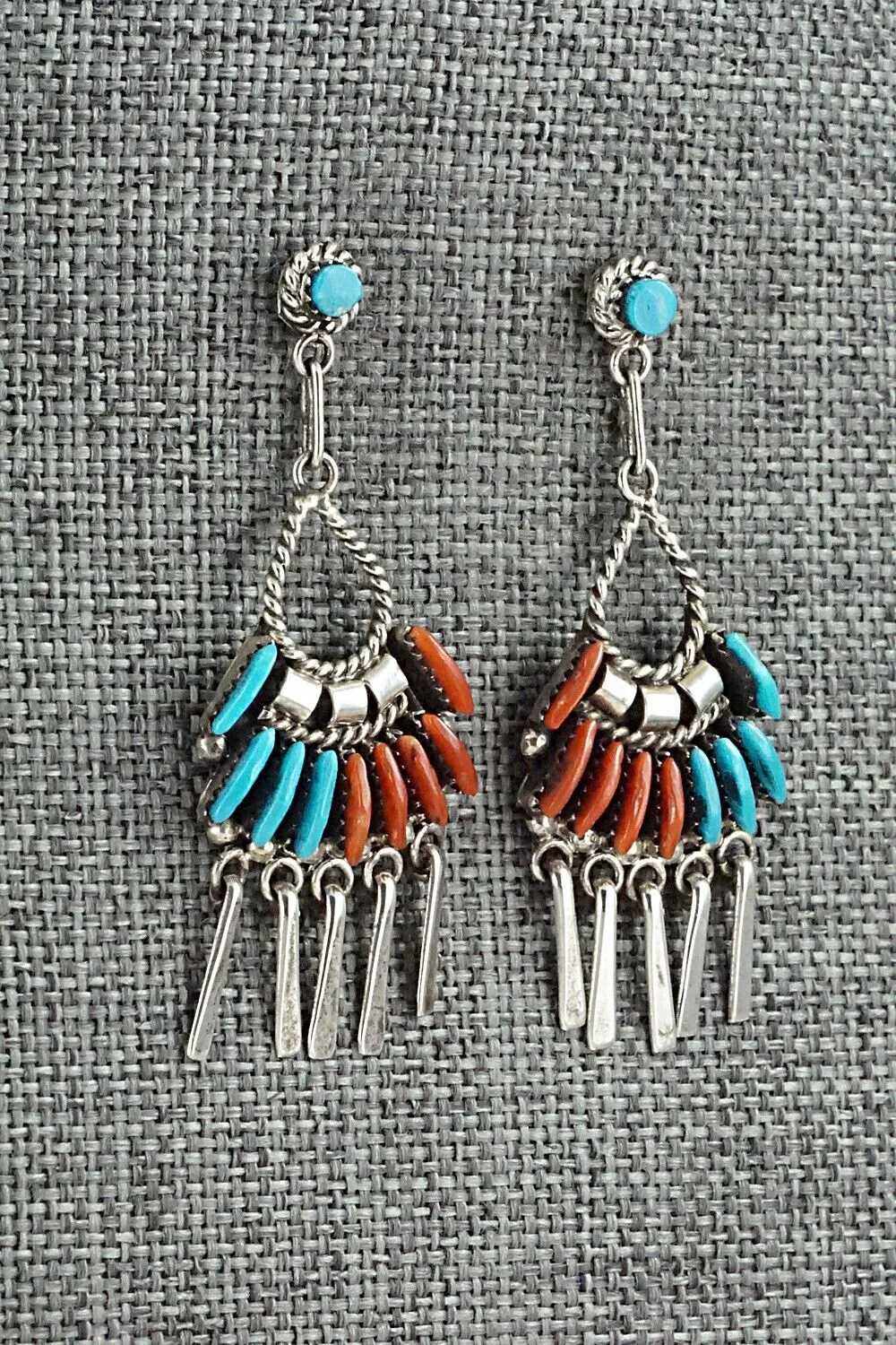 Turquoise, Coral & Sterling Silver Earrings - Edmund Cooeyate