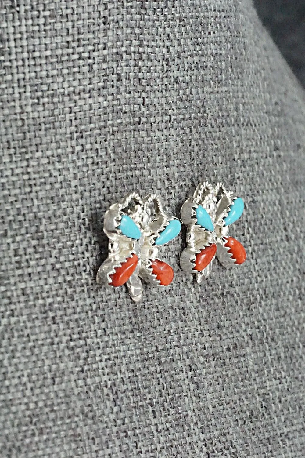 Turquoise, Coral & Sterling Silver Earrings - Erva Quam