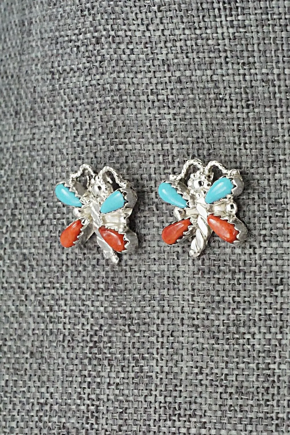 Turquoise, Coral & Sterling Silver Earrings - Erva Quam